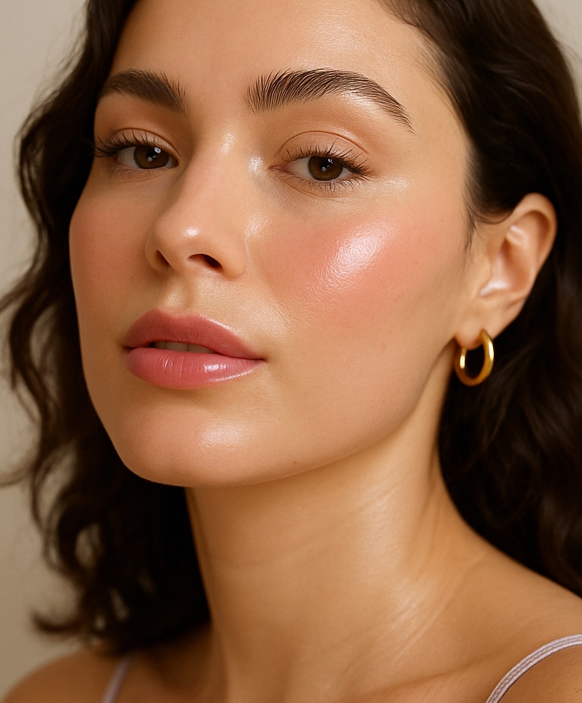 Close-up of woman with natural makeup and hoop earrings.