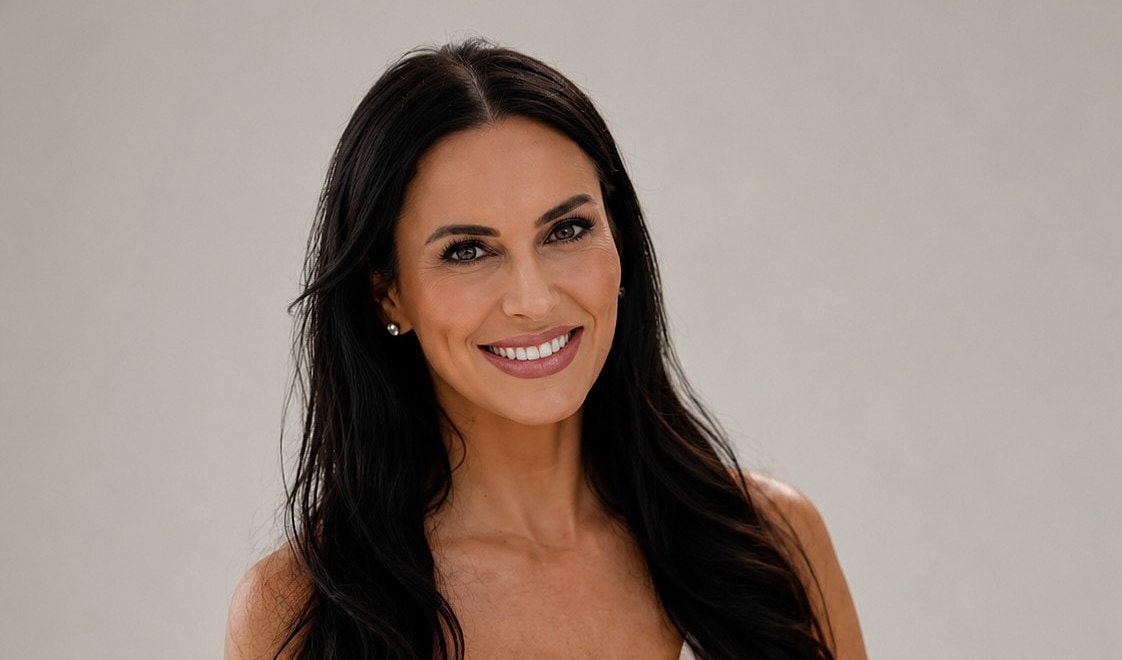Smiling woman with long dark hair and earrings.